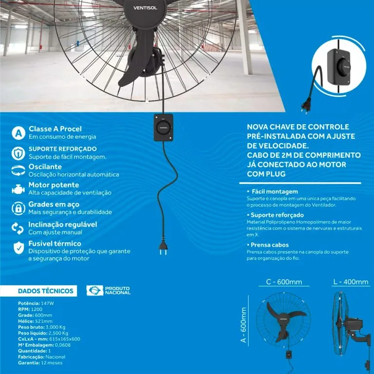 Ventisol ventilador oscilante de parede preto 60cm - Imagem 8